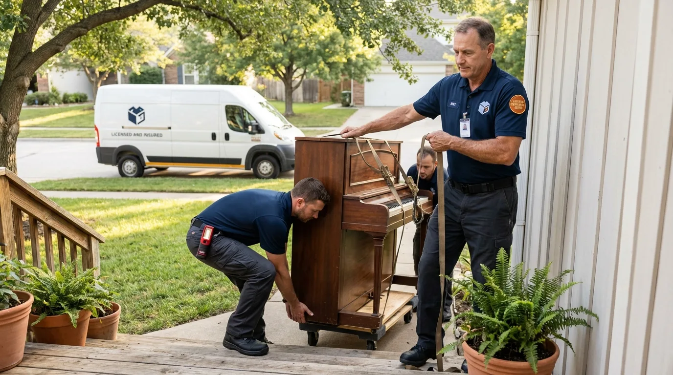 Licensed piano movers securing grand piano in Imperial, NE