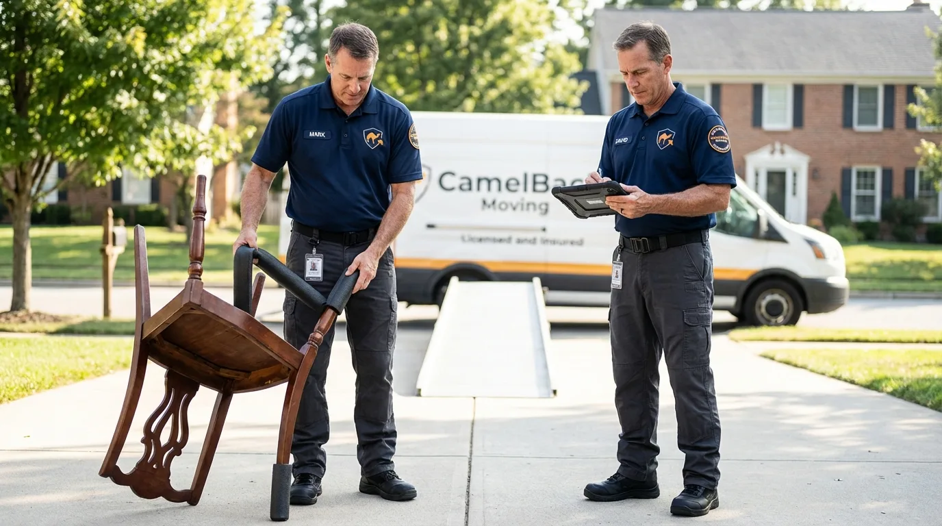 Movers inspecting furniture for damage prevention before loading in Imperial, NE
